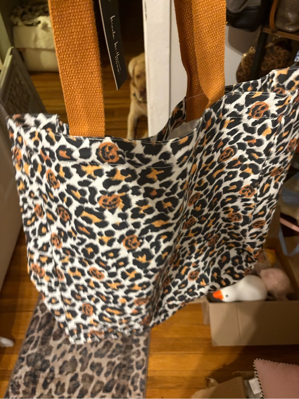 Leopard Print with pumkins Canvas Tote Bag with Orange Straps